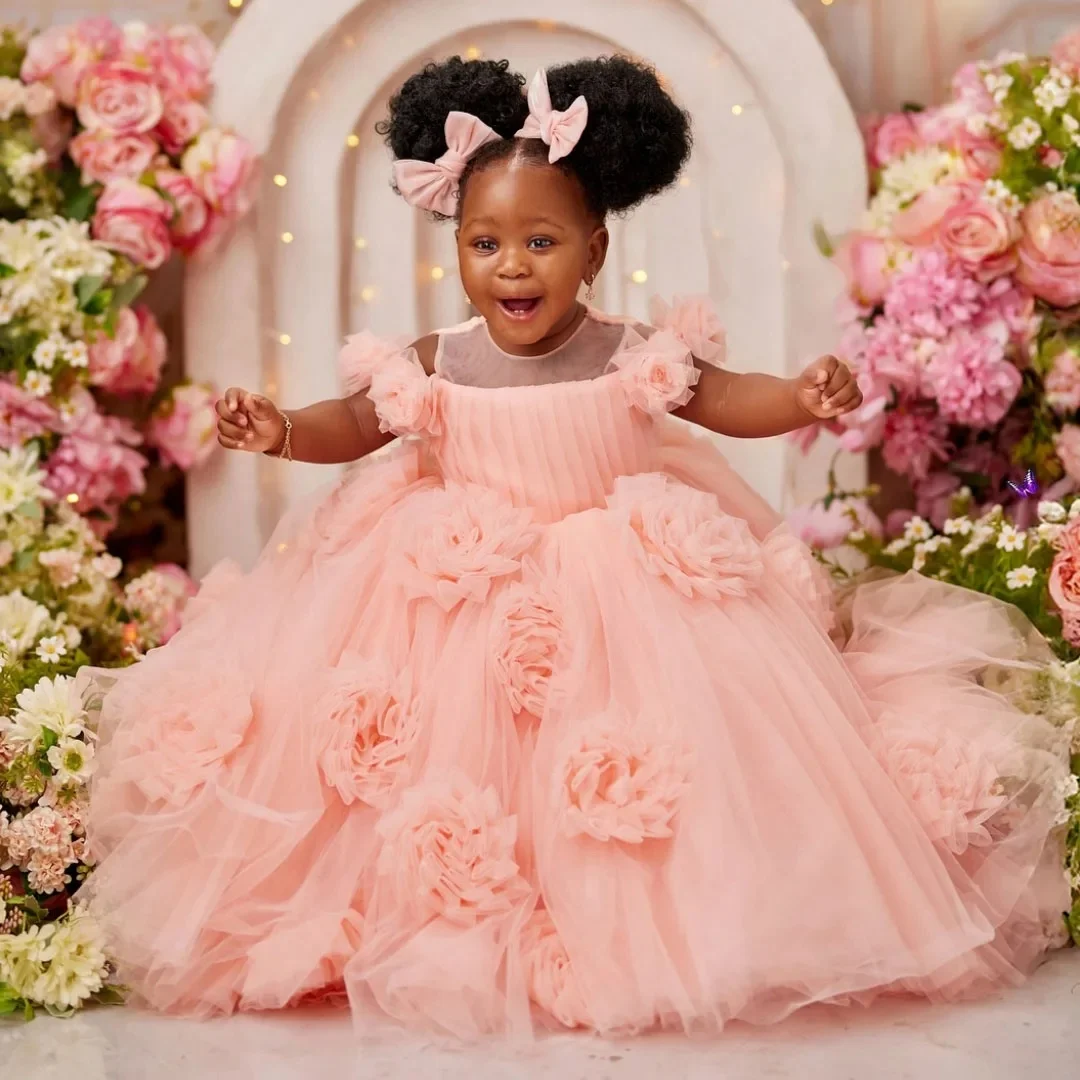 Customized Pink Flower Girl Dress For Wedding Puffy Ball Gown Girls Birthday Party Gowns Kids Prom Evening Banquet Princess Gown