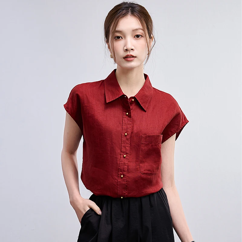 

Summer Red Cotton Linen Shirt Women Short Sleeve Blouse Elegant OL Work Tops Casual Lapel Neck Buttons Blusas Female Chemise
