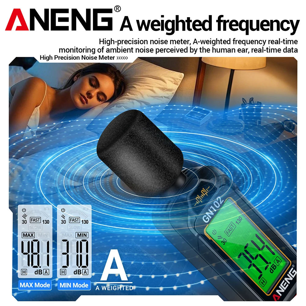 Aneng gn102 sensor de alta precisão medidor de ruído 30-130db ruído ambiente à prova de vento esponja capa dobrar ferramentas de medição de retenção de dados
