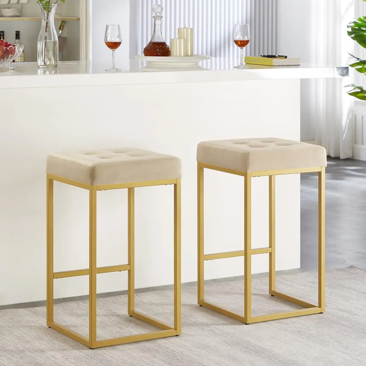 

24KF Contemporary Counter Height Bar Stool Set of 2 for Kitchen Island, 26" H Velvet Padded Gold Barstool Bar Chair