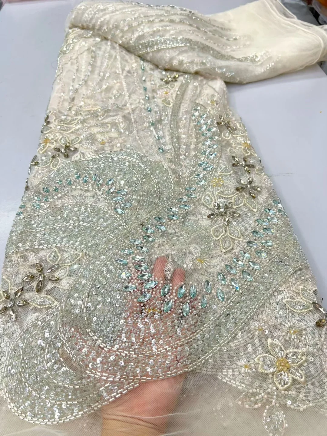 Lvory Beaded Lace Fabric Aqua Rhinestone Sequin Embroidered Tulle Mesh Luxury Bridal Wedding Evening Gown Dress Material by