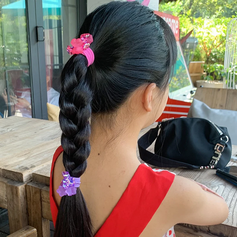 Ikat rambut putri perempuan, aksesori kepala kartun berkepala ganda beruang lucu elastis untuk anak perempuan 1 pasang