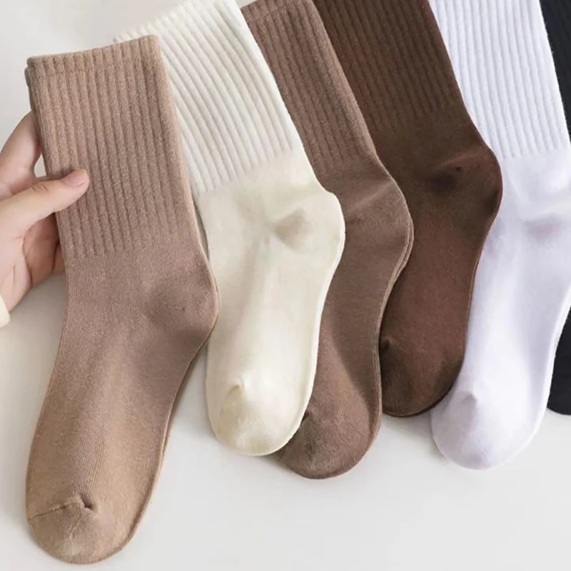 1pair Solid Color Women Socks Fashion Khaki Brown White Kawaii Cotton Socks For Girls