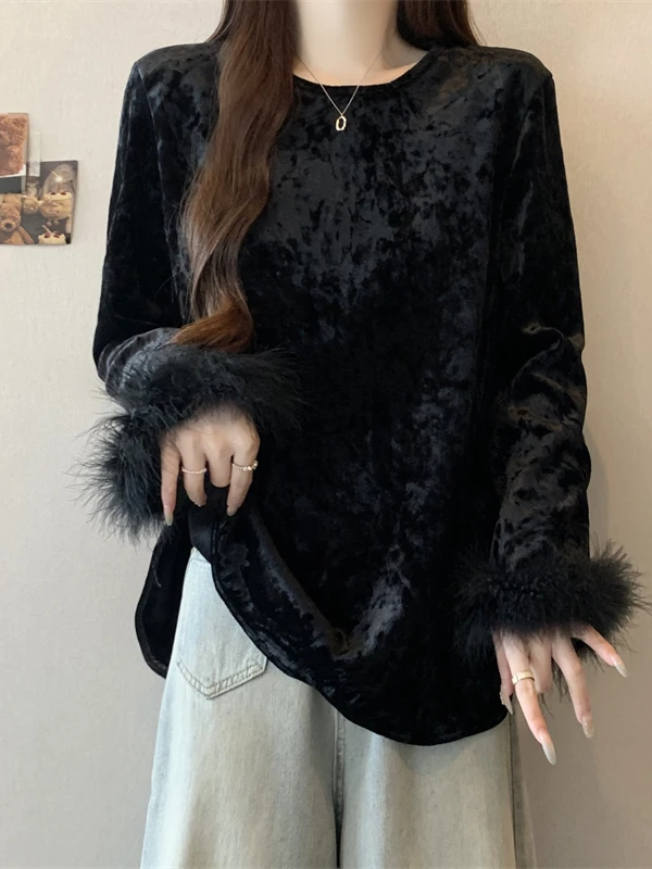 

Женская вельветовая футболка с длинным рукавом, больших размеров, осенне-зимняя, новая, в китайском национальном стиле, с высокой талией, круглым вырезом