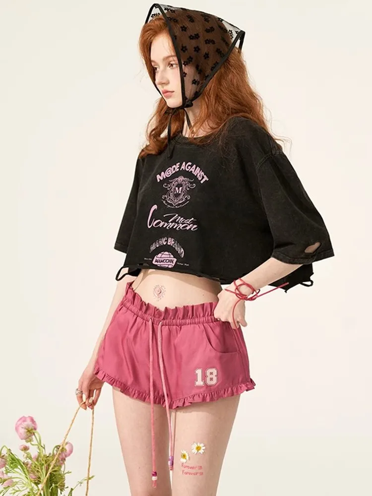 

2024 Women's Summer New Leisure Fashion Y2K Shorts Comfortable Drawstring Elastic Waist Ruffled Hem Unique 2000S Short Pants.