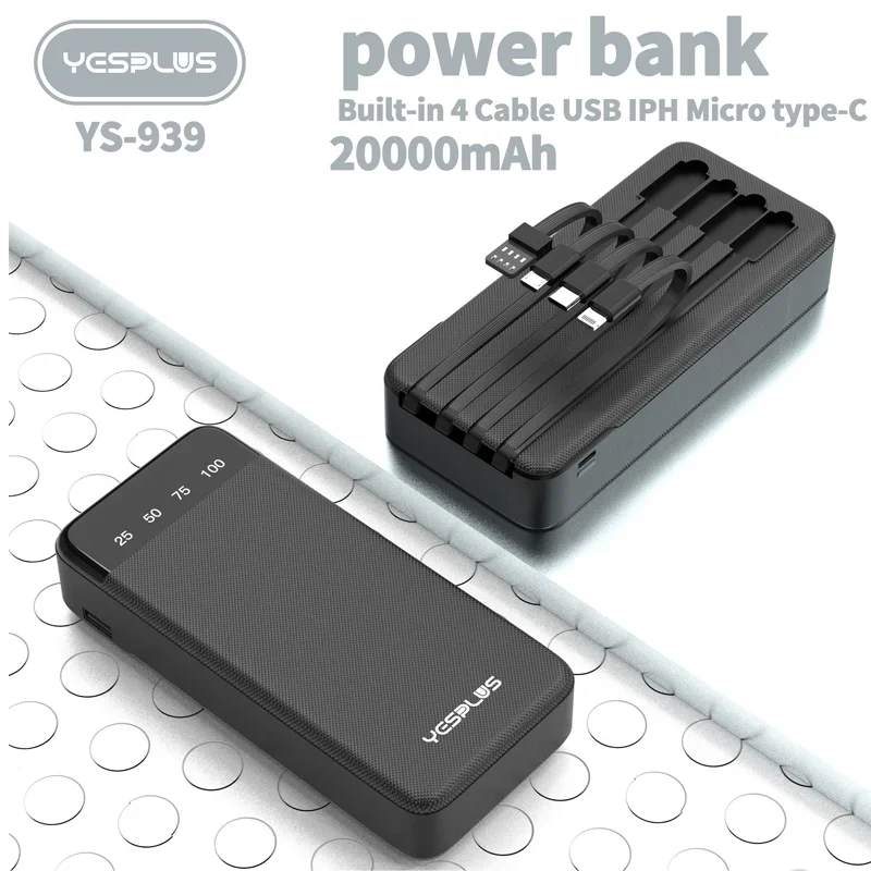 Power Bank 20000mAh Large Capacity Fast Charging External Battery Comes with 4-Wire Charger LED Display Portable Power Bank