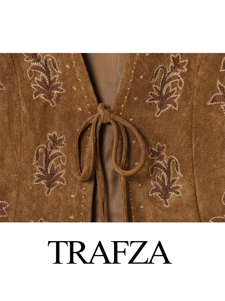 

TRAFZA Women's Autumn Fashion Vintage Embroidered Velvet Texture Effect Vest Female V-neck Lace-up High Street Casual Waistcoat