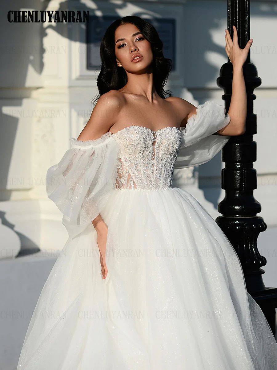 Sparkle Exquisite Wedding Dresses Puff Sleeves Illusion Sexy Wedding Bride Dresses Long Dresses For Wome 2025 Vestidos De Novia