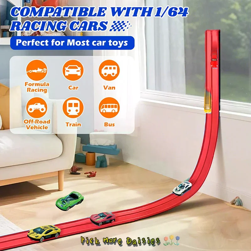 Pista de carrera flexible de 13 pies y 16 pies para niños, rampa de coche de carreras con ventosas y 4 coches de carreras pequeños