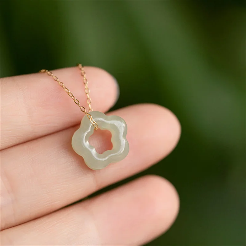 Trendy 925 Sterling Silver Chain Clavicle Necklace Female Jewelry Cute Jade Flower Pendant Women Sweet Necklace Birthday Gift