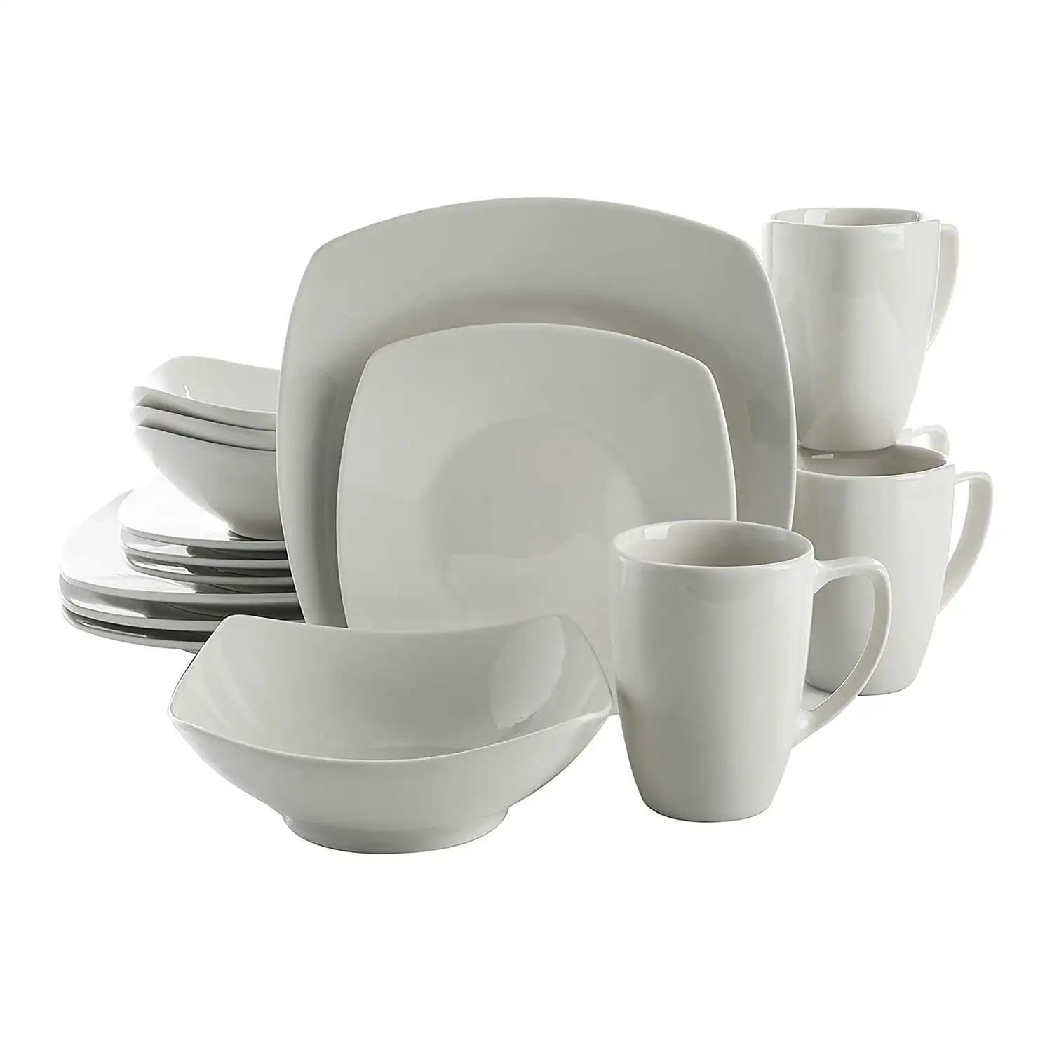 

16-piece square plates bowls and mugs dinnerware set in white