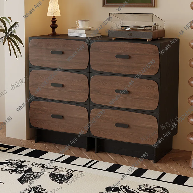 Button retro style solid wood three-bucket cabinet bedroom bedside light luxury modern living room wall drawer storage cabinet