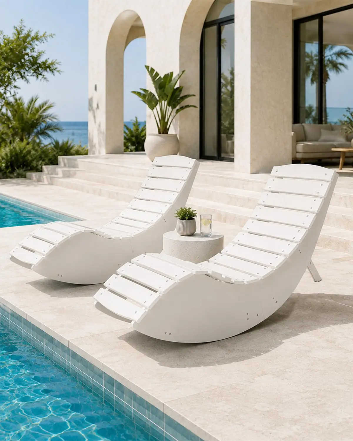 Foldable Rocking Sun Lounger, Weather Resistant, Wide Seat, Ergonomic Backrest, for Patio, Garden, Poolside, White