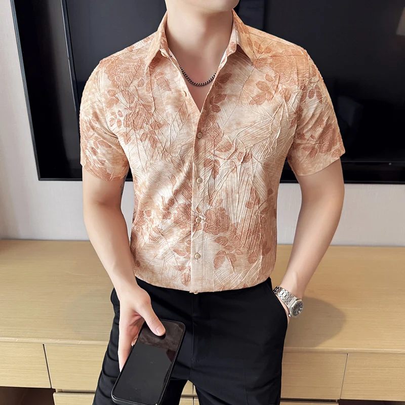 High Quality Printed Short Sleeved Shirt for Men Slim Fit Casual Pleated Shirt Business and Social Ironless Shirt Men Clothing
