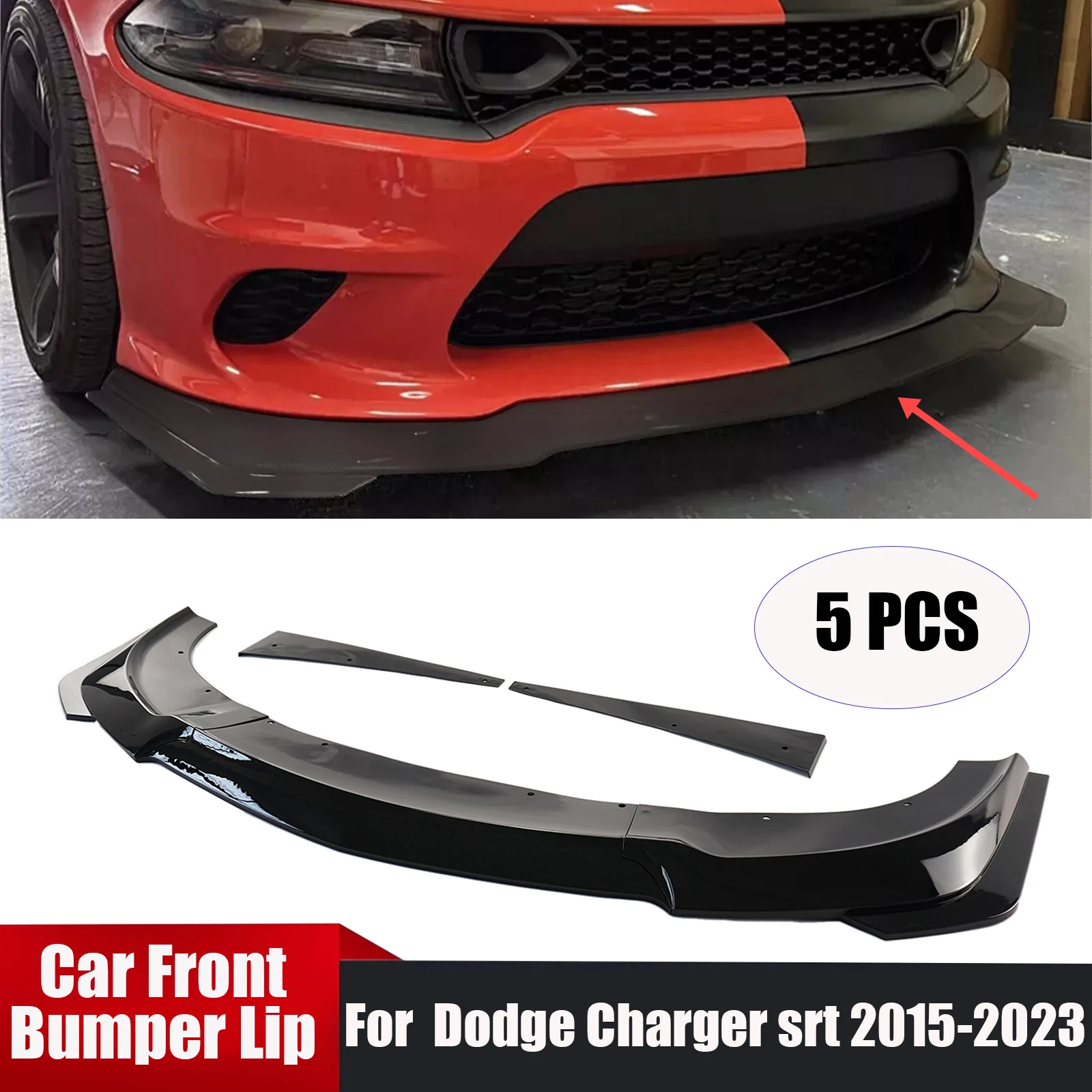 

5PCS Front Bumper Lip Fits For Dodge Charger SRT 2015-2023 Car Accessories Splitter Spoiler Matte Black Body Kit Carbon Fiber