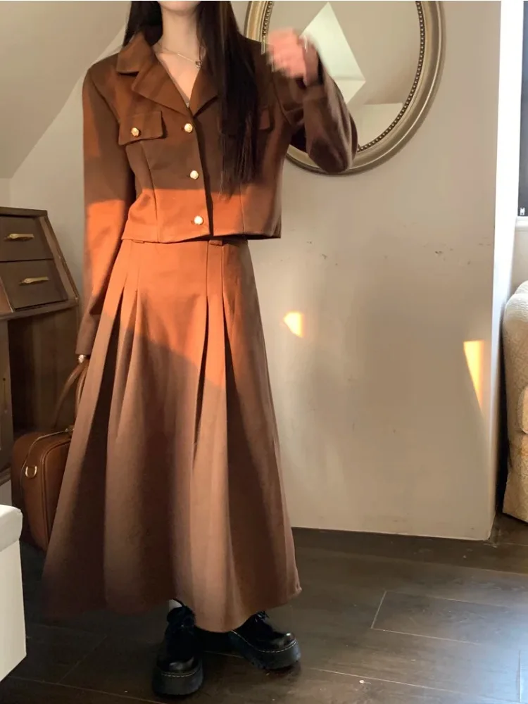 UNXX Fall/Winter College Style Cropped Blazer Suits Pleated Skirt Set Vintage Casual Single-breasted Coat + Skirt Two-piece Sets