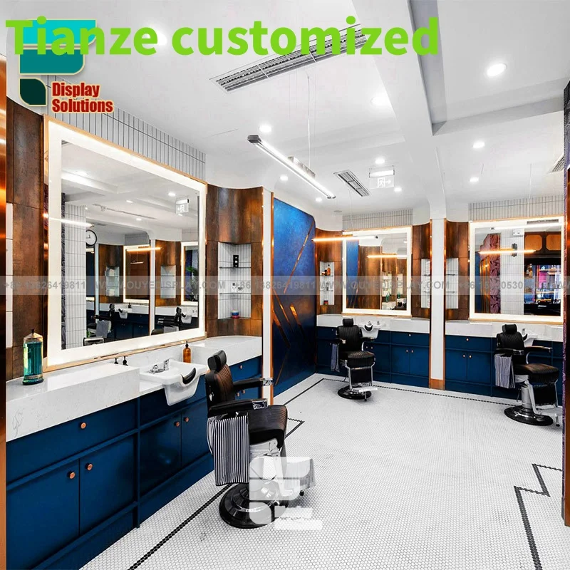 Customized-High-End Hair Salon Decor Barbershop Mirror Color Bar With Trash Door Hair Salon