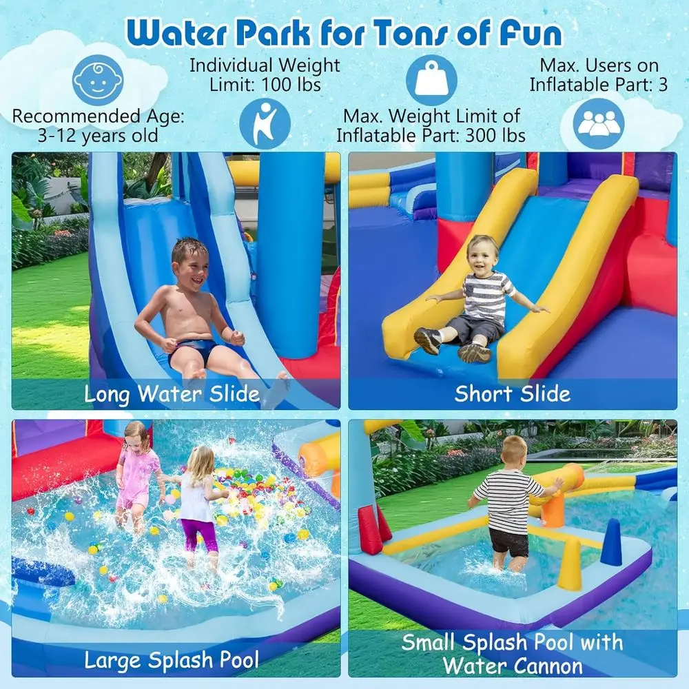 Nadmuchiwana zjeżdżalnia wodna, gigantyczny park wodny z zamkiem dmuchanym z podwójnymi zjeżdżalniami, basenem do zabawy, siatkówką i bramką do piłki nożnej, Blow U