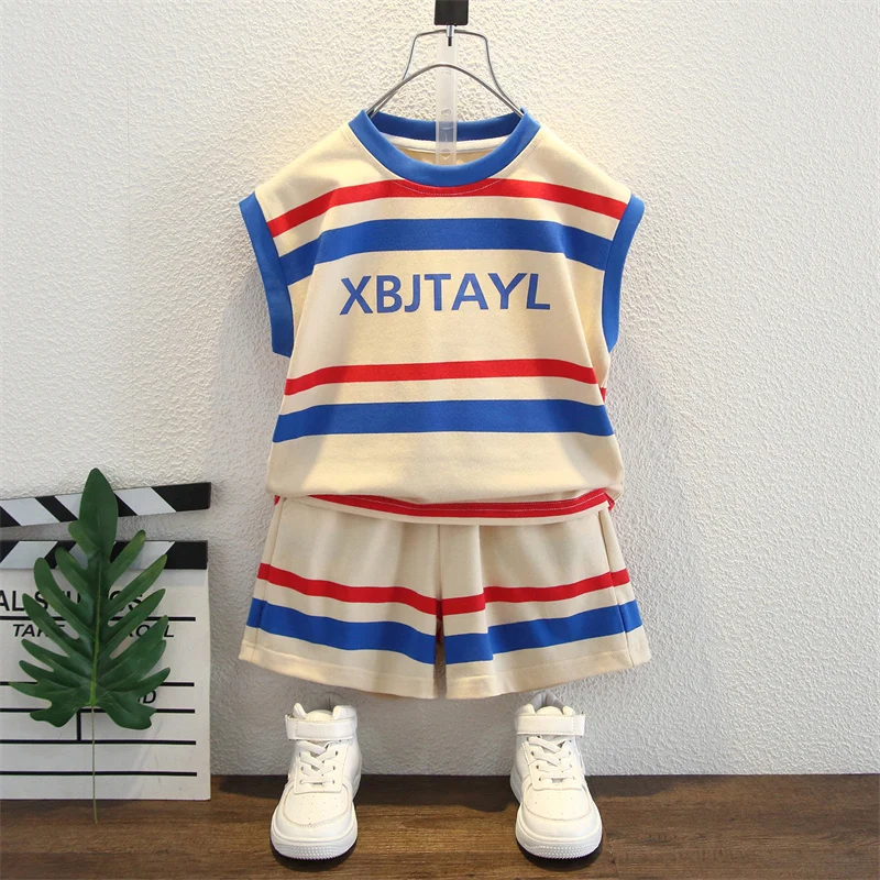 

Летний спортивный костюм для мальчиков: модный уличный комплект из двух предметов из хлопковой смеси, удобный, дышащий, повседневный наряд для подростков