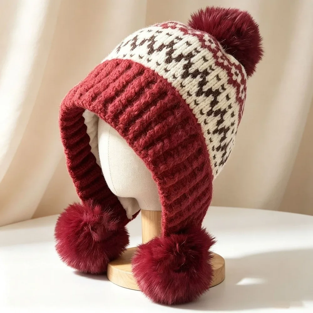 Polyester Material Ear Flap Knitted Hat with Pom Poms Face Slimming Design Winter Knit Hat Ear Protection 52-58CM Cold Proof Hat