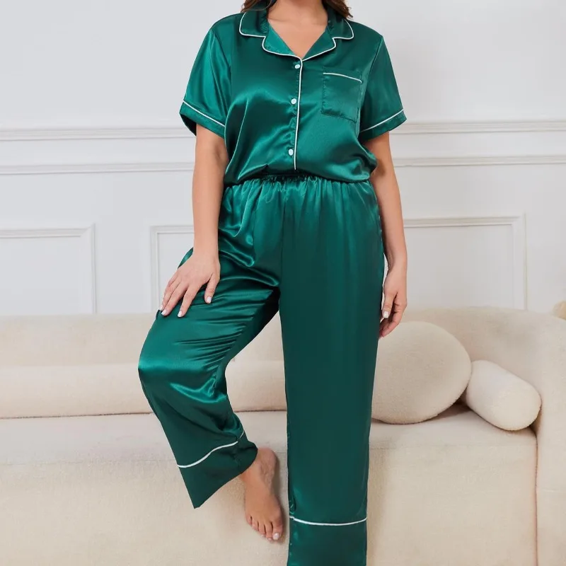 Damski letni komplet wypoczynkowy plus size, koszula i spodnie o dotyku satyny, 2-częściowy, oddychająca mieszanka modalu, piżama, modelująca, dla kobiet z pełnymi kształtami.