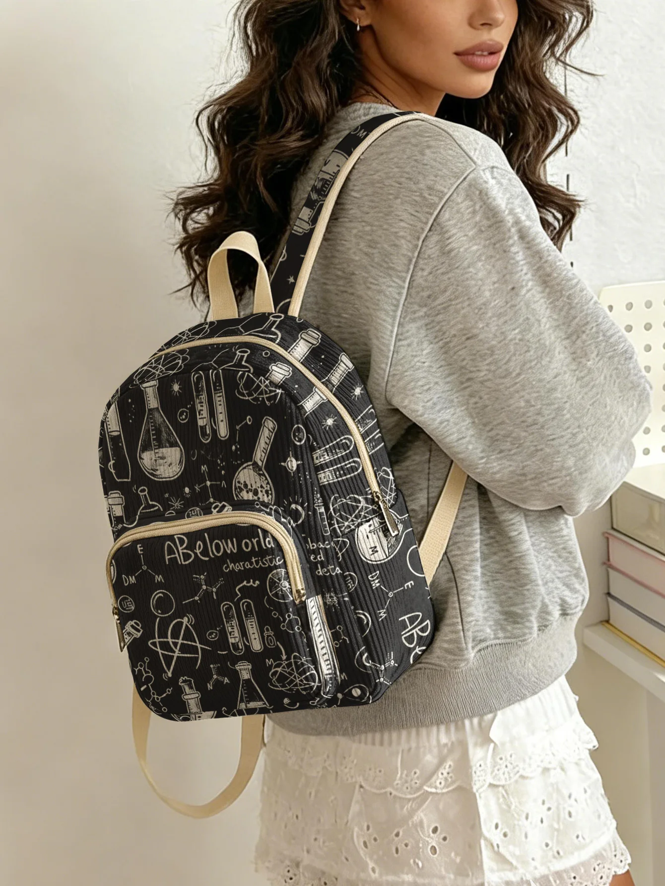 

Science Lab Doodle Print Women Fashion Backpack Corduroy Multi-pocket Large Capacity Commuter Bag