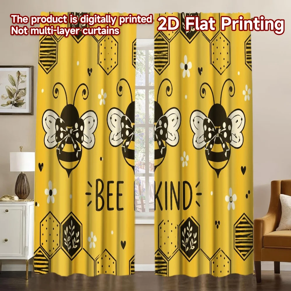 2D FLAT PRINTING 2pcs Curtains (Without Rod) Bee Kind Design Chic Curtain Fabric Machine Washable Fabric Curtains Blessing _
