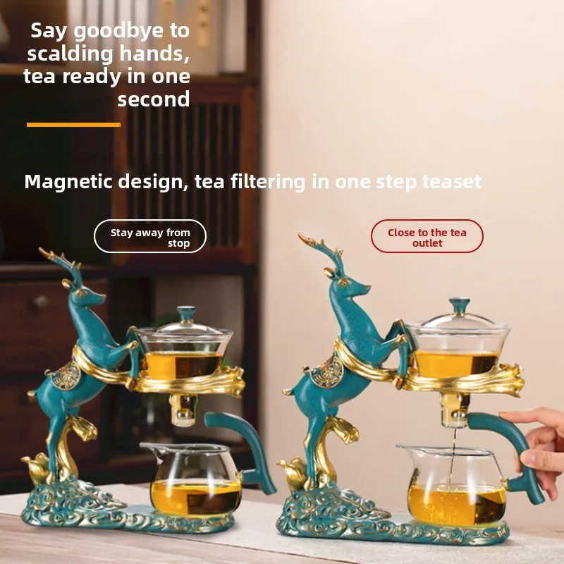 Glass Tea Set Deer Design Magnetic Self Brewing Teapot Office Home Gift