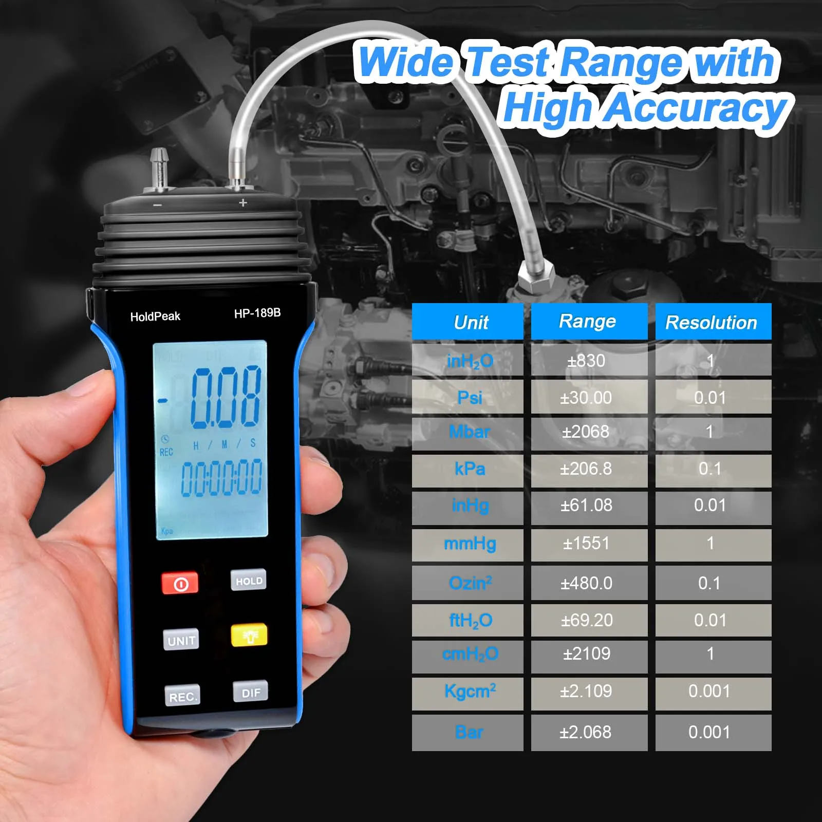 Gas Pressure Tester HP-189B LCD Display With Backlight Digital Manomete Dual-Port Manometer for any gas pressure system trouble