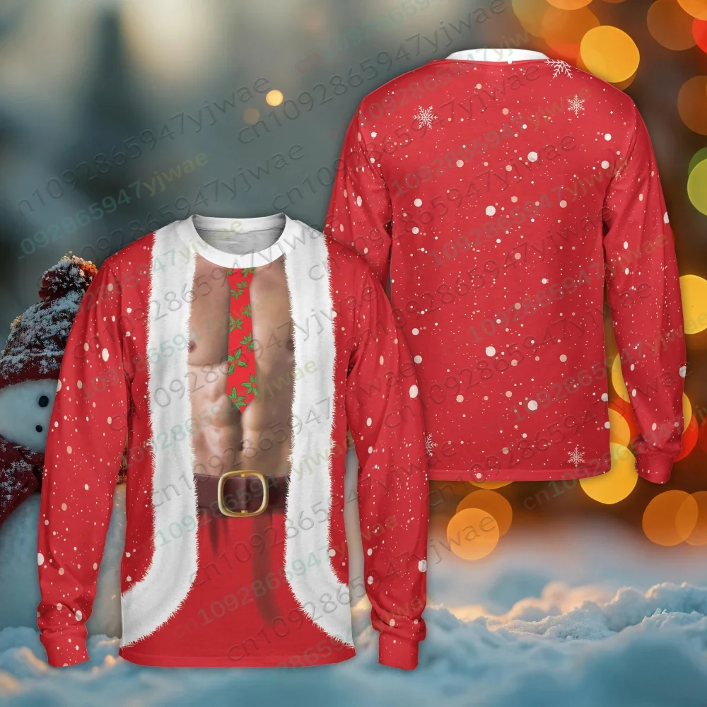 Merry Christmas Strong Muscle Men's Women's Long Sleeve T-shirt Santa Claus Chest & Six-Pack Abs Novelty Costume Xmas Gift
