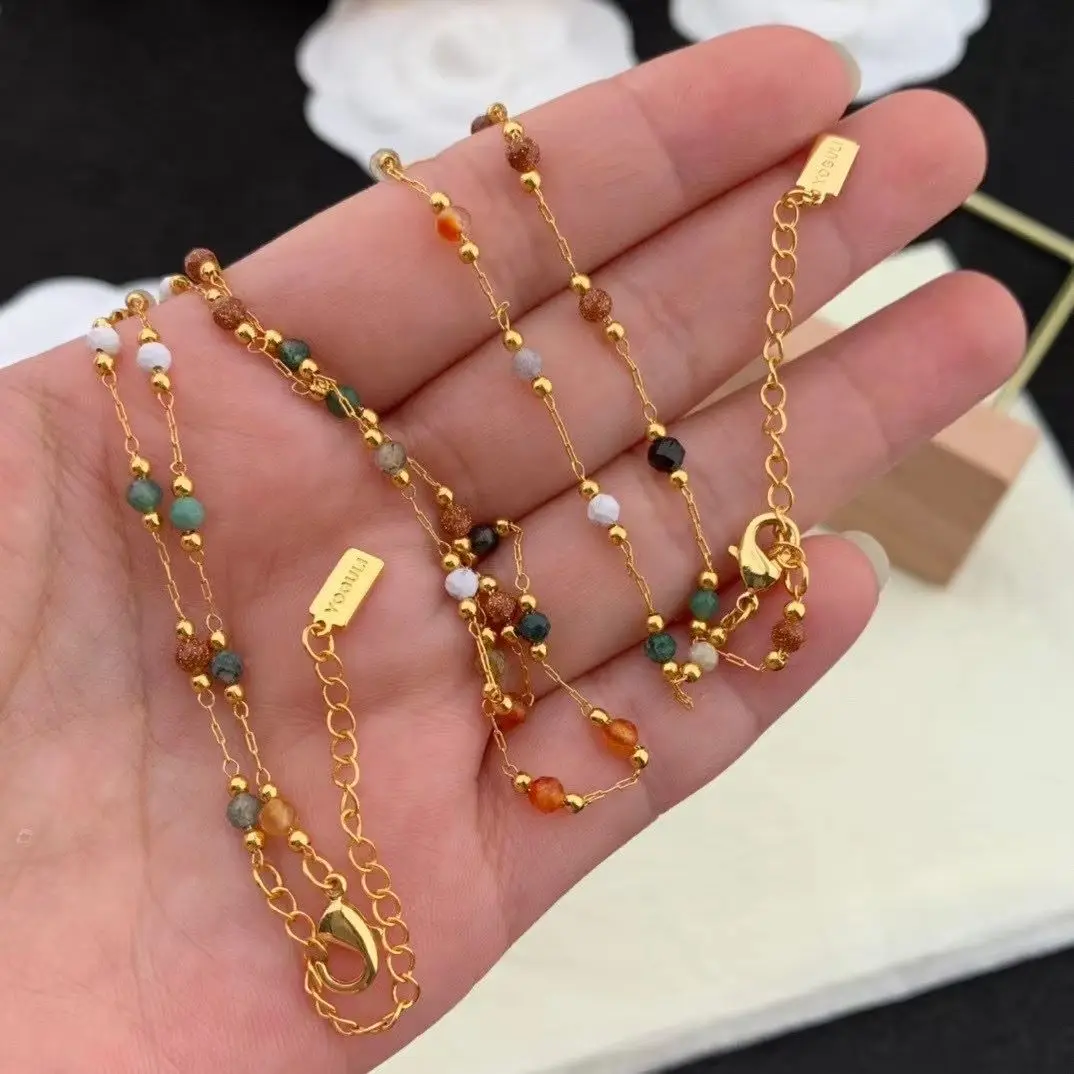 

Fashion Temperament Vintage 28k Gold plate Colorful Beads Necklace for women's girl gift Overlay Necklace jewels accessories