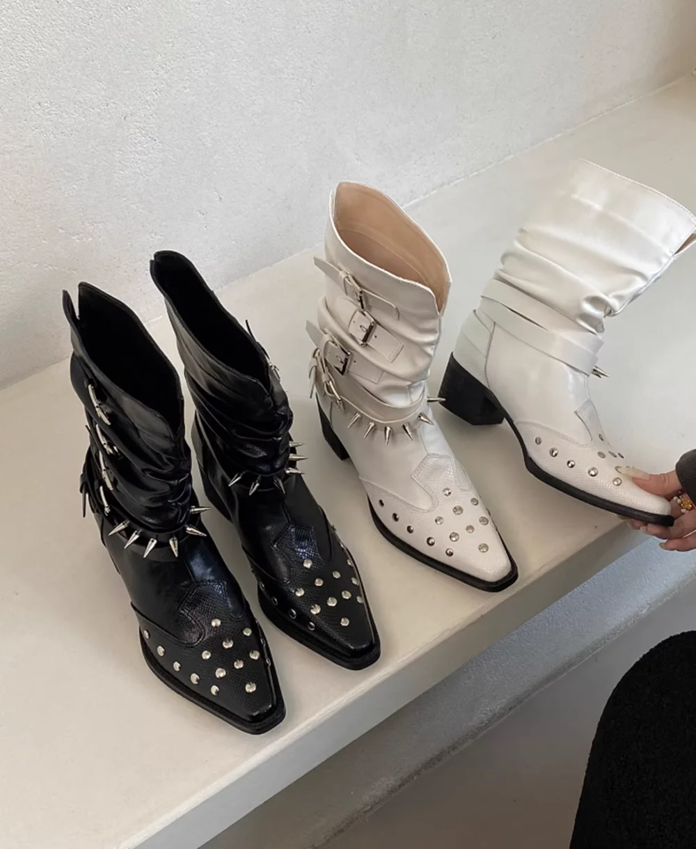 

Retro Casual Cream Leather Slouchy Ankle Boots Silver Stud Spike Detail Multi-Buckle Straps Chunky Heel Cool Punk Style Boots