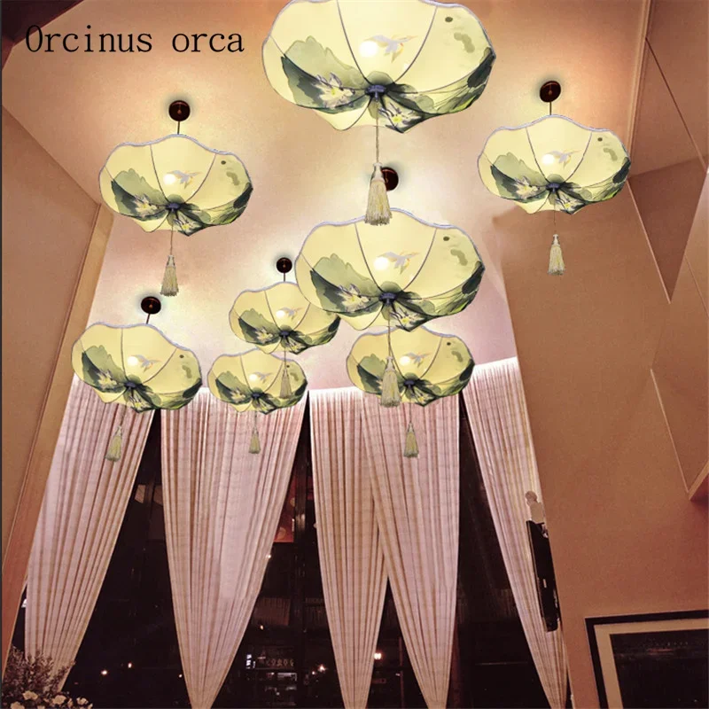 New Chinese style hand-painted lotus leaf lanterns chandeliers  restaurants Chinese style classical cloth lamps