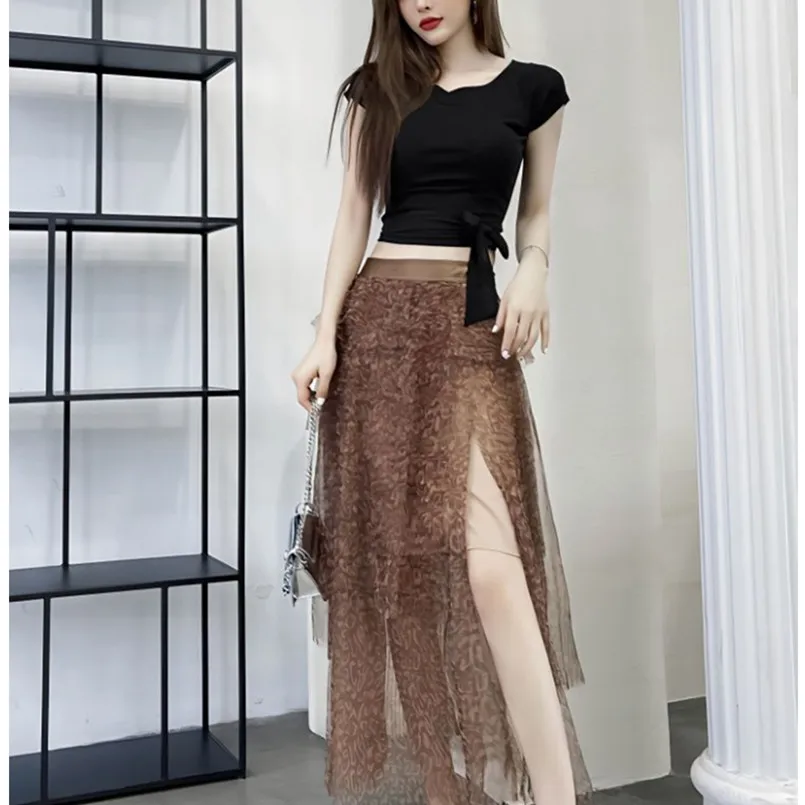 Summer New Leopard Mesh Half Skirt Multi Layered Irregular Mid Length High Waist Split Two Piece Set Trendy