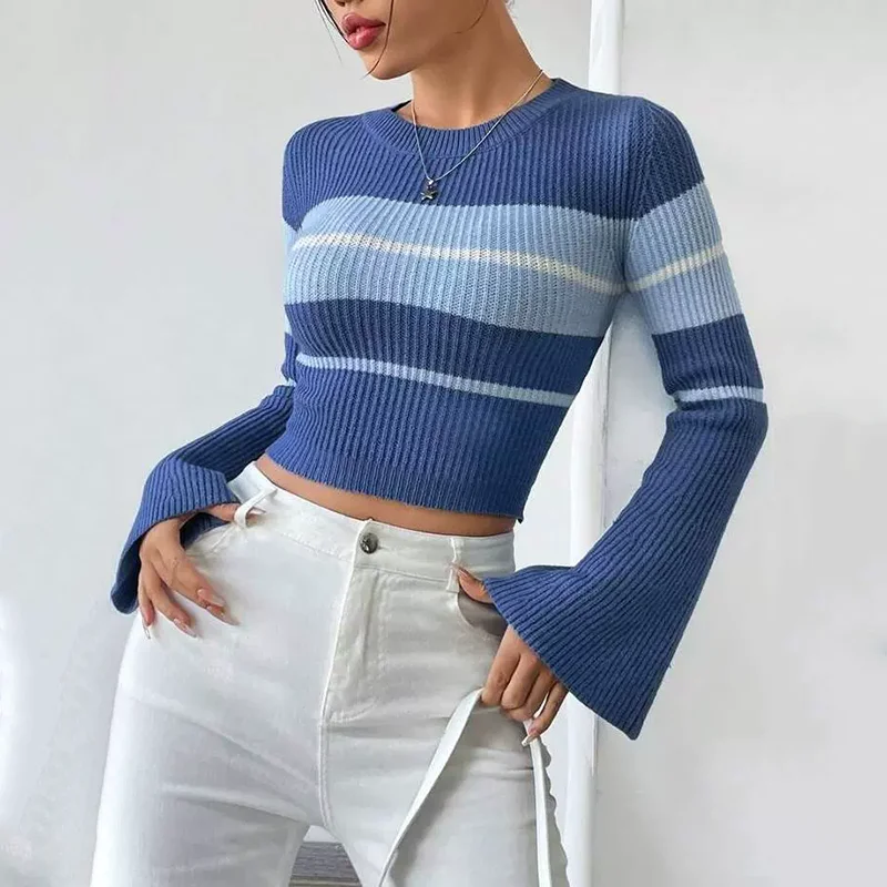 スリムフィットストライプニットセーター2025秋ラウンドネック長袖ベルスリーブオフィスレディトップス