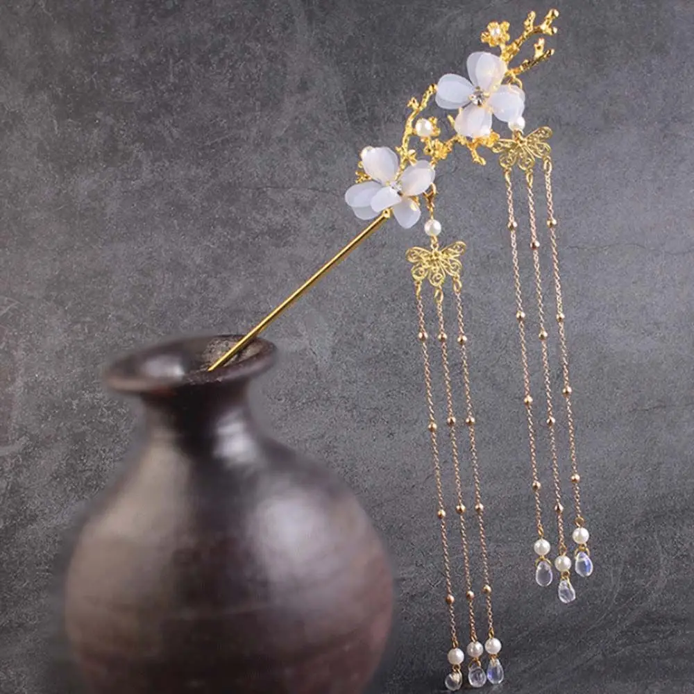 Vintage Antique Plum Blossom Branch Pearl Rhinestone Beads Flower Hair Sticks Hair Fork Hanfu Hair Accessories Tassel Hairpin