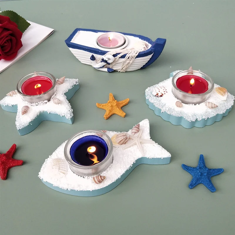 Fish Starfish Shell Boat Candle Holder Romantic Valentine\'s Day Candlestick Mediterranean Style Children Bedroom Home Decoration