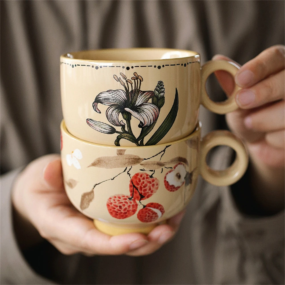 الإبداعية الجديدة الصينية القدح عالية اللون قيمة لوازم المطبخ فنجان القهوة لاتيه الفاوانيا ليتشي زنبق البنفسجي المطبوعة كوب سيراميك 210 مللي
