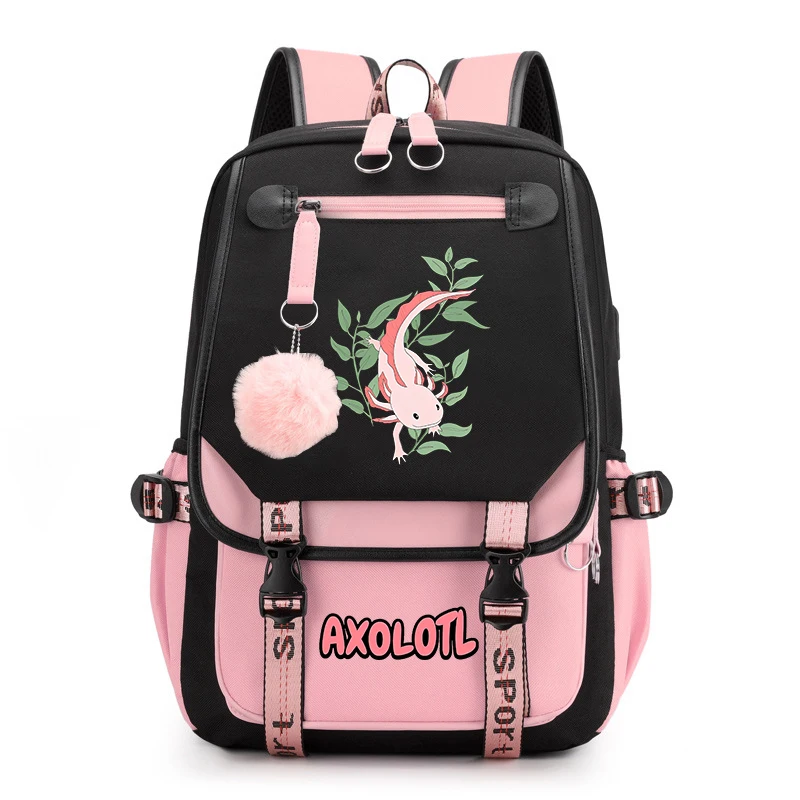 Cute Axolotl Impresso Student Schoolbag para Meninas, Mochila, Travel Bag, USB, Volta para a Escola Presente