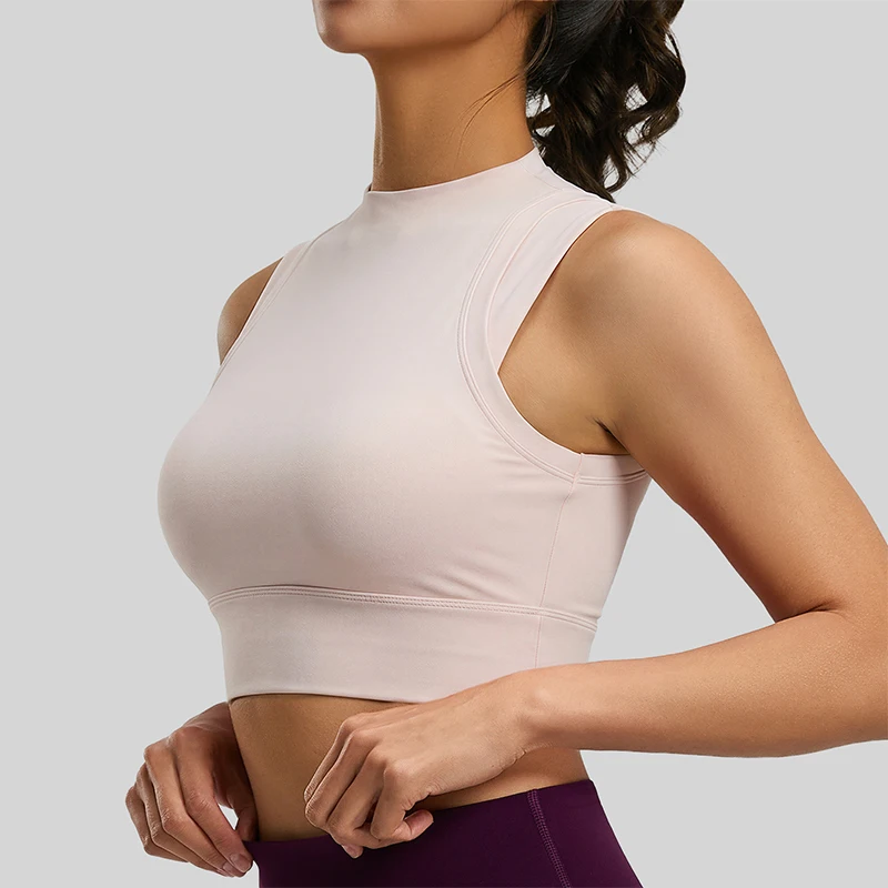 2026 New Women Mock Neck Sports Vest Double-sided Fabric High Stretch Fixed Cup Shockproof Push Up Yoga Bra for Pilates Fitness