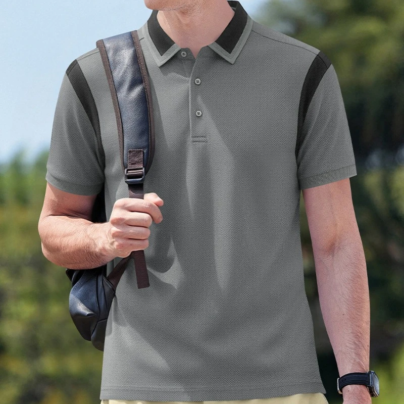 Men's Cool Feeling Color Block Polo Shirts Waffle Breathable Short Sleeve Casual Daily Wear Collared Tops