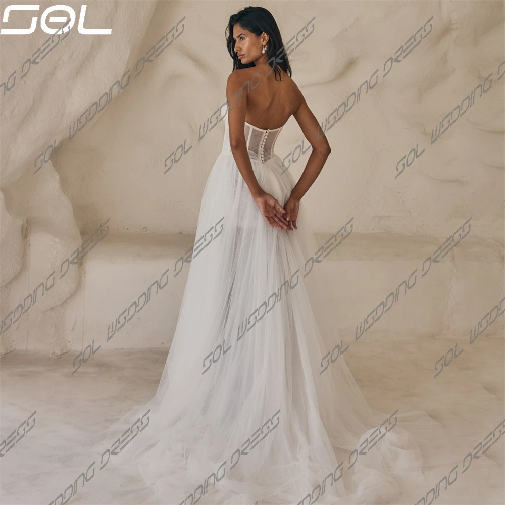 SOL-Strapless Illusion Backless Vestidos de casamento, fenda lateral alta, vestidos de noiva até o chão, simples e elegante, casamento