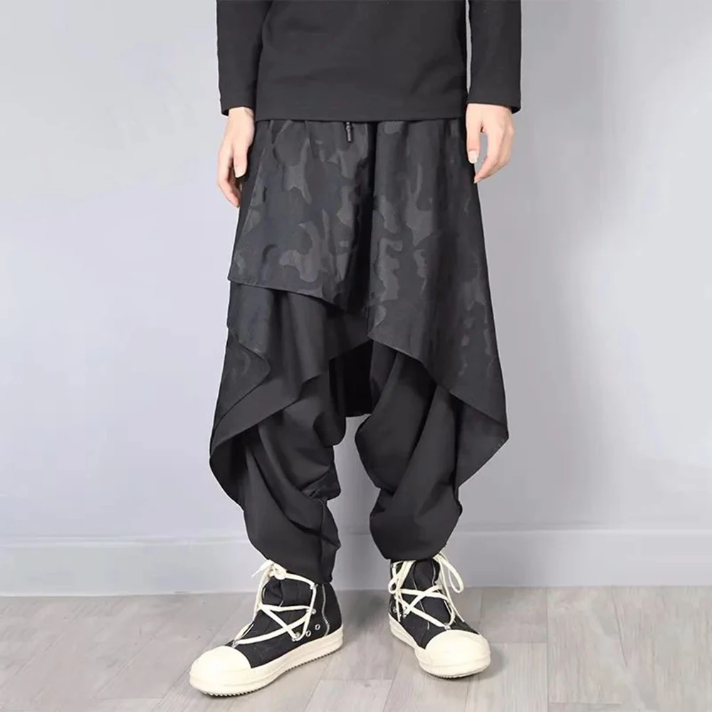 

Mens Dark Style Double Layer Irregular Skirts 2024 New Genderless Fashion Personality Solid Color Loose Wide Leg Pants Unisex