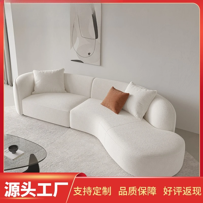 

Cream style living room fabric sofa Nordic lamb fleece curved sofa Double beauty salon office light luxury sofa