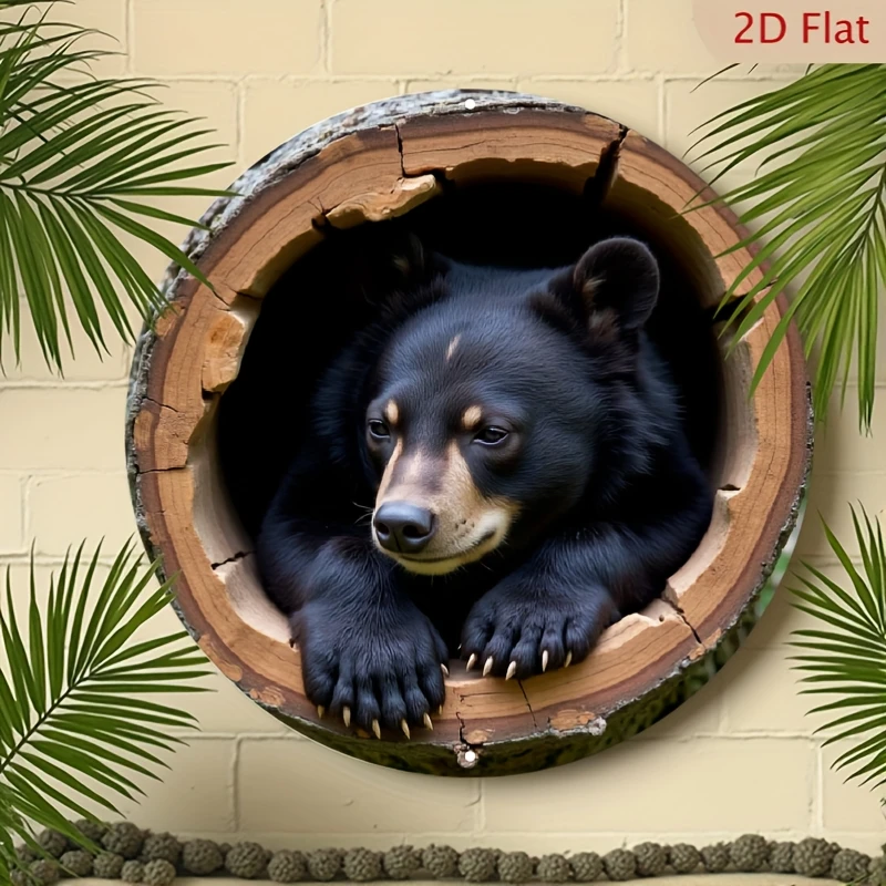 Black Bear Peeking Out Tree Trunk 2D Round Metal Tin Sign 7.87x7.87 Inch Wildlife Rustic Iron Plaque Forest Farmhouse Wall Sign