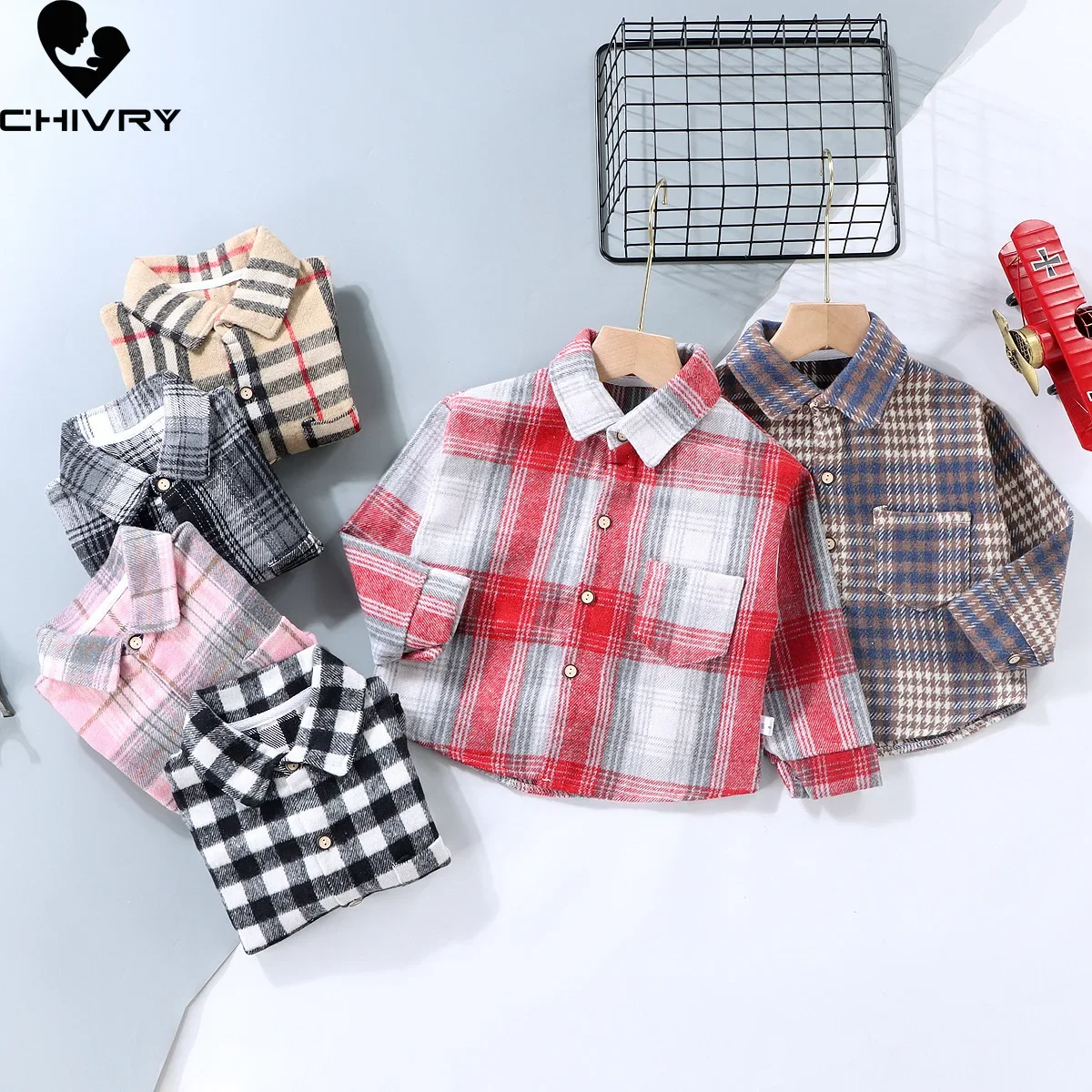 

Boys Girls Classic Plaid Striped Shirts Coat New 2024 Spring Vintage Kids Baby Long Sleeve Lapel Casual Shirt Tops Clothing