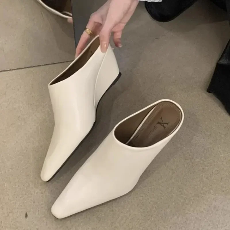 2024European American Baotou Half Women\'s Soft Leather Slope Heel High  Cool Fashion Outwear Thick  Lazy Muller Shoes