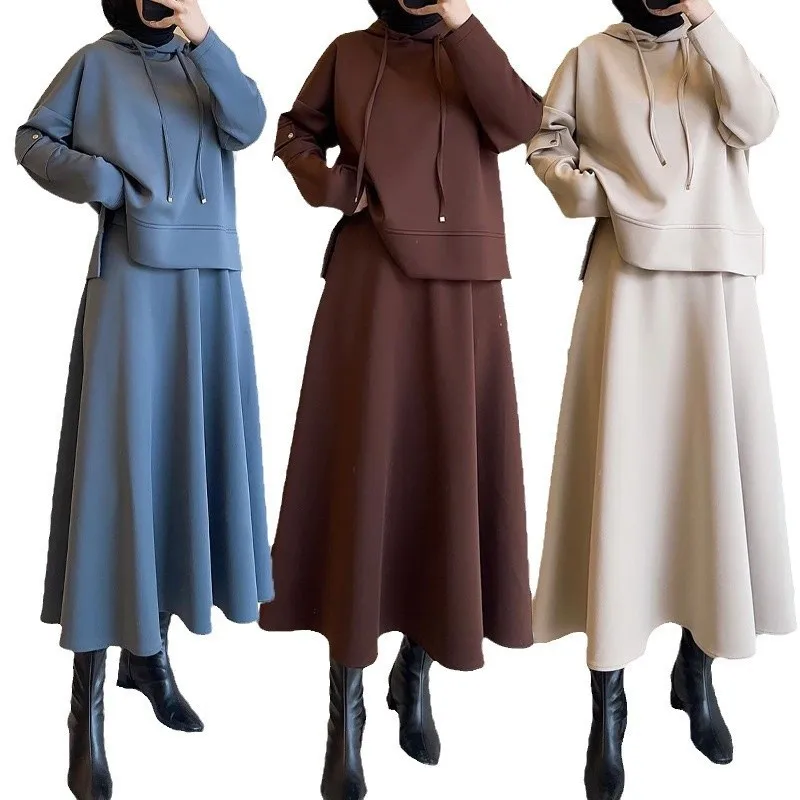 

Fashion Muslim Sets Women's Vintage Abaya Middle Eastern Fashion Top+ Skirt Suit Hooded Top Solid Color Breathable 2 Pcs Set