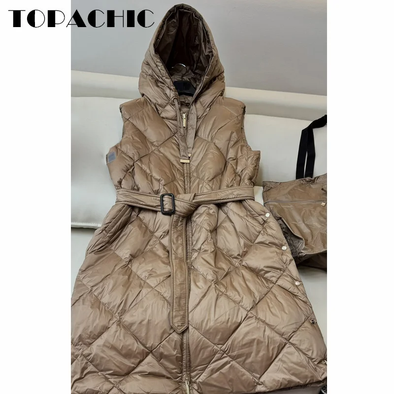 8.29 TOPACHIC-Women High Quality Goose Down Button Sashes Vest Quilted Argyle Plaid Hooded Sleeveless Zipper Down Vest Jacket