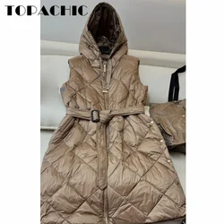 8.29 TOPACHIC-Women High Quality Goose Down Button Sashes Vest Quilted Argyle Plaid Hooded Sleeveless Zipper Down Vest Jacket